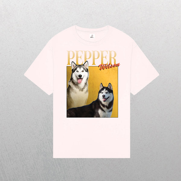 Light Pink Personalised Homage Tee | Gold featuring two blue-eyed huskies with PEPPER in bold text above and Wilson in red script—a unique pet keepsake youll love to wear.