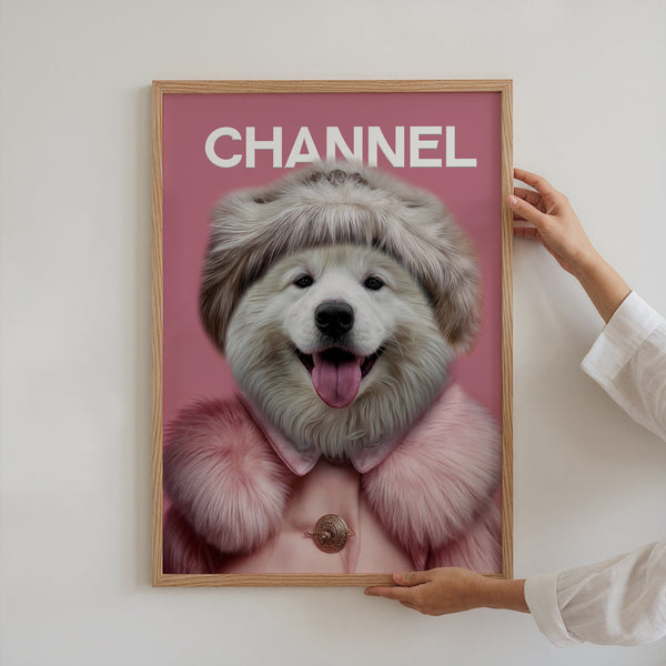 A person hangs the Chanel Fashion Cover, a personalized dog canvas featuring a pup in a pink fur coat and hat, styled like a fashion magazine cover—an ideal gift for pet lovers to display on any plain wall.