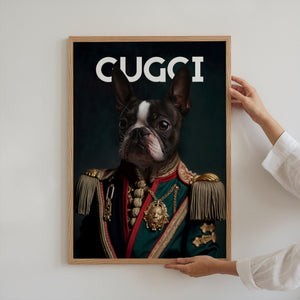 A person hangs a Gucci Fashion Cover featuring a Boston Terrier in ornate military attire with gold accents. “CUGGI” boldly stands out—an ideal pet lover gift or unique piece for your pet memorial wall art collection.
