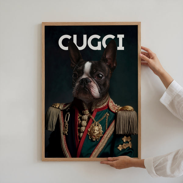 A person hangs a Gucci Fashion Cover featuring a Boston Terrier in ornate military attire with gold accents. “CUGGI” boldly stands out—an ideal pet lover gift or unique piece for your pet memorial wall art collection.
