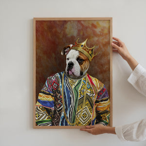 A person holds the Notorious D.O.G.—a framed custom pet portrait of a bulldog in a golden crown and ornate robe, creating unique pet artwork on a warm, textured background.