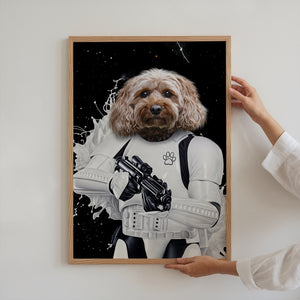 Someone hangs the Star Wars Stormtrooper personalized dog canvas, showing a curly brown dog dressed as a stormtrooper against a black, space-inspired background.