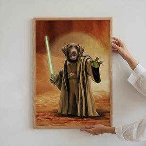 A person hangs the Star Wars Jedi Master canvas featuring their pet dressed as a Jedi with a green lightsaber, set in a desert under a reddish sky.