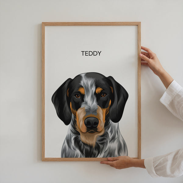 A person hangs a Modern Vector Art framed custom pet portrait of a black, brown, and white dog labeled TEDDY on a white wall—an ideal gift for pet lovers.