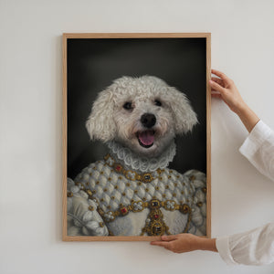 A person holds The Renaissance Duchess—a framed canvas featuring a white fluffy dog in royal attire, making a unique pet lover gift or a touching piece of pet memorial wall art.