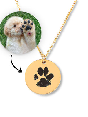 The Dog Paw Necklace - Coin Necklace features a round gold pendant with a black paw print, shown beside a fluffy dog photo—an adorable personalized pet jewelry piece and unique accessory for any pet lover.