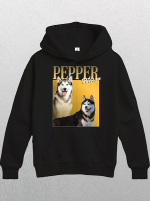 The Personalised Homage Hoodie | Gold is a premium black fleece unisex hoodie featuring two Siberian Huskies with Pepper and Wilson in bold and cursive fonts above and beside them. Personalization available.