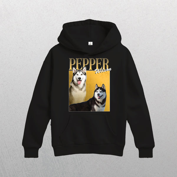 The Personalised Homage Hoodie | Gold is a premium black fleece unisex hoodie featuring two Siberian Huskies with Pepper and Wilson in bold and cursive fonts above and beside them. Personalization available.