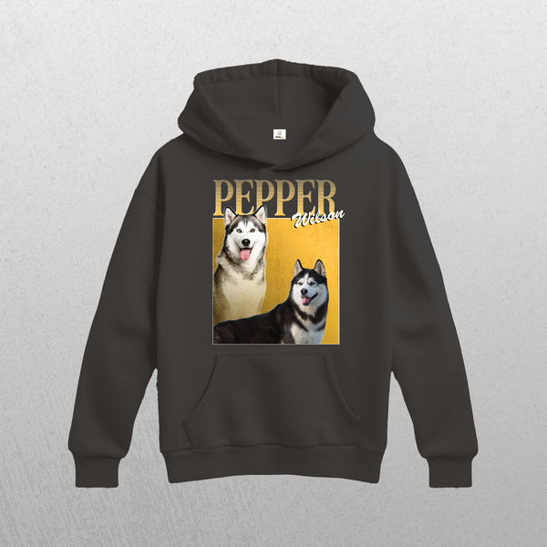 This Personalised Homage Hoodie | Gold in gray showcases two Siberian Huskies, PEPPER in bold above, and Wilson in script on the right—a cozy keepsake or thoughtful gift for pet lovers.