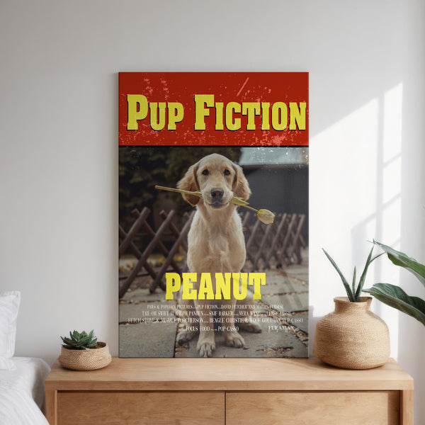 A Pup Fiction Pet Portrait hangs on the wall, featuring a dog named Peanut holding a stick, styled as a movie poster in bold yellow text. Below, plants and a vase rest on a wooden table—playful personalized pet artwork.