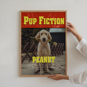 A person hangs a Pup Fiction Pet Portrait, showing a dog named “Peanut” holding a stick. “Peanut” is written in bold yellow at the bottom of this custom canvas, making it a unique personalized dog artwork.
