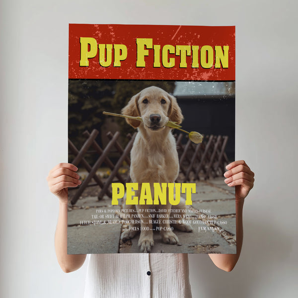 A person holds a Pup Fiction Pet Portrait—a parody movie poster featuring Peanut the golden retriever with a stick, styled after a famous film poster. It’s the perfect quirky pet lover gift or unique pet artwork for your home.