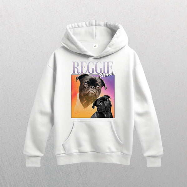 White Personalised Homage Hoodie | Cosmic featuring two illustrated black pugs on a vibrant pink and orange background, with REGGIE above and Breed in script—a perfect pet lover gift.