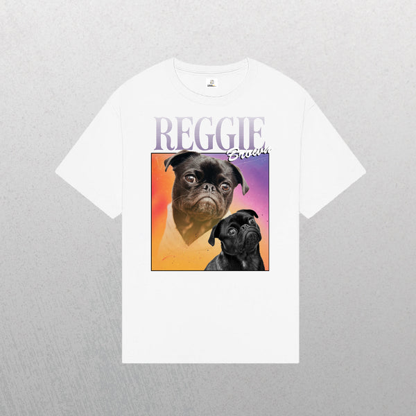 The Personalised Homage Tee | Cosmic is a white t-shirt with a graphic of two pugs in colorful frames and REGGIE with Erudio in script—ideal as a vintage-style pet tee or unique gift for pet lovers.