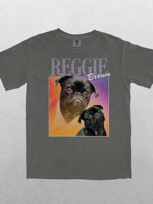 The gray Personalised Homage Tee | Cosmic features two pug portraits on a colorful gradient and bold “REGGIE Brown” text—an ideal gift for pet lovers.