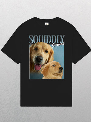 Personalised Homage Tee | Ice: Black T-shirt with two golden retrievers—adult and puppy—in a photo frame. “SOUNDLY James” in large stylized letters. A custom dog shirt, shown against a simple light gray background.