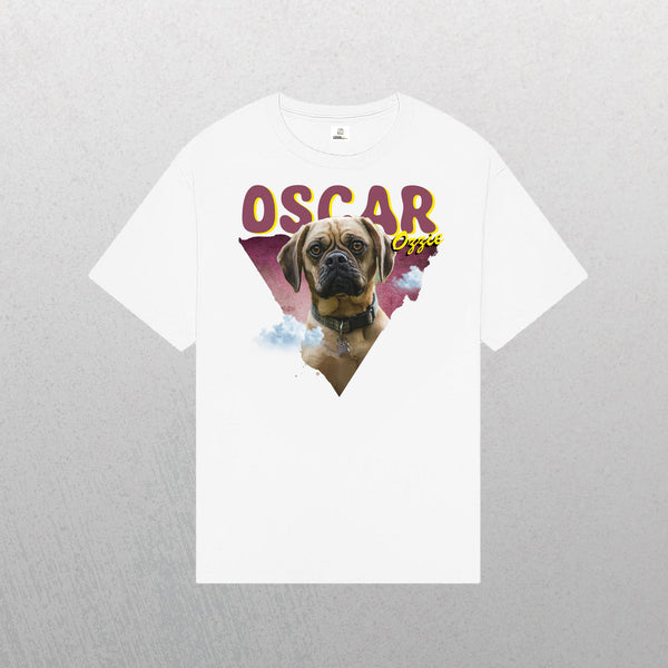 White Personalised Retro Tee | Pink featuring a brown dog graphic in front of a purple triangle, OSCAR in bold yellow above, Oscar in cursive below, and clouds—ideal as a custom pet t-shirt or unique gift for pet lovers.