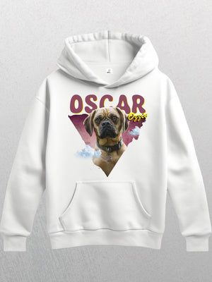White Personalised Retro Hoodie | Pink featuring a brown dog in a triangle with clouds, OSCAR above in bold red and Oscar in yellow script—perfect cozy white hoodie for pet lovers or as a unique personalised gift.