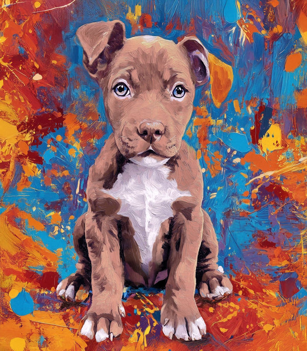 Get 50% off your 2nd portrait! This digital painting features a brown puppy with a white chest, set against a lively abstract background of blue, orange, and yellow paint splashes.