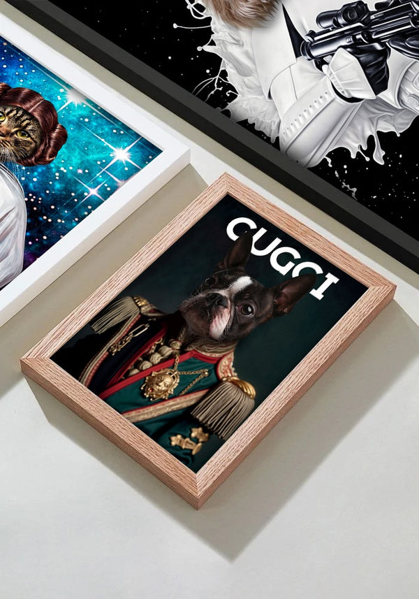 A Color Oneline Art Pet Portrait, featuring a dog in a royal military uniform with GUCCI above, is displayed alongside other framed pieces like a cat in space attire—perfect pet artwork or gift for pet lovers.