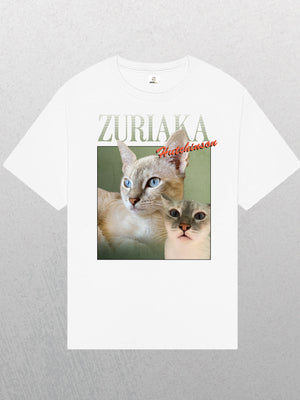 White Personalised Homage Tee | Jungle in white, featuring two light-colored blue-eyed cats—one larger, looking aside, and one smaller. Vintage pet t-shirt design with “ZURIAKA Hutchinson” in large cursive at the top.