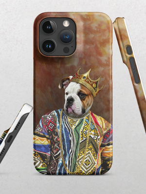 Showcase your love for pets with the Custom Pet iPhone Case – Notorious D.O.G., featuring a regal bulldog in a vibrant sweater and crown on a warm, textured background. Displayed from three angles, it’s the perfect gift for pet lovers!.
