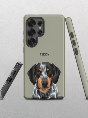 The Custom Pet Samsung Case – Moder Pet Vector in Sage features a realistic black, white, and brown dog illustration with TEDDY above it; shown from multiple angles—an ideal pet lover gift and unique keepsake.