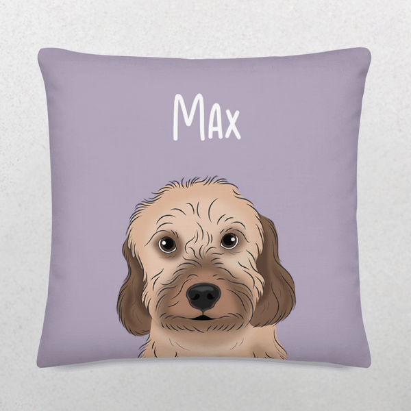 The Custom Cartoon Pet Cushion showcases a cozy illustrated brown dog with floppy ears and Max written above in white text, making it an adorable pet keepsake pillow.