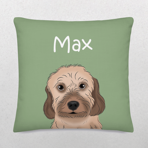 The Custom Cartoon Pet Cushion is a green pillow with an illustrated brown dog, floppy ears, and Max in white text above its head—a cozy keepsake for pet lovers.