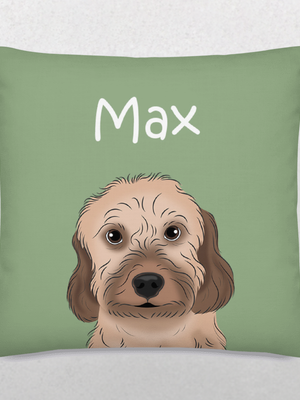 The Custom Cartoon Pet Cushion is a green pillow with an illustrated brown dog, floppy ears, and Max in white text above its head—a cozy keepsake for pet lovers.