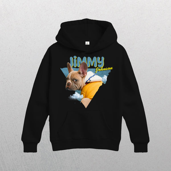 A black Personalised Retro Hoodie featuring a French bulldog in a yellow sweater with clouds, and bold, colorful JIMMY Johnson text above—perfect as a cozy pet keepsake. Available in Blue; custom personalization included.