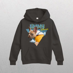 A cozy pet keepsake, this grey Personalised Retro Hoodie | Blue features a French Bulldog in yellow under blue skies with JIMMY Johnson boldly displayed above for a unique, playful look.