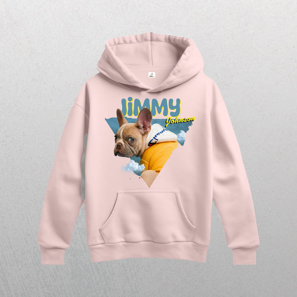 The Personalised Retro Hoodie | Blue in light pink features a French Bulldog graphic in yellow with JIMMY and Johnson text—an ideal unique gift for pet lovers.