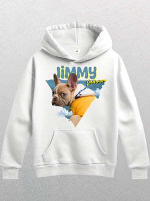 The Personalised Retro Hoodie | Blue is a white custom dog hoodie with a French bulldog in yellow, LiMMY in bold blue, forever in yellow script, and cloud and blue triangle details for a vintage-inspired pet look.