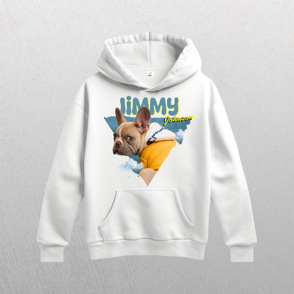 The Personalised Retro Hoodie | Blue is a white custom dog hoodie with a French bulldog in yellow, LiMMY in bold blue, forever in yellow script, and cloud and blue triangle details for a vintage-inspired pet look.