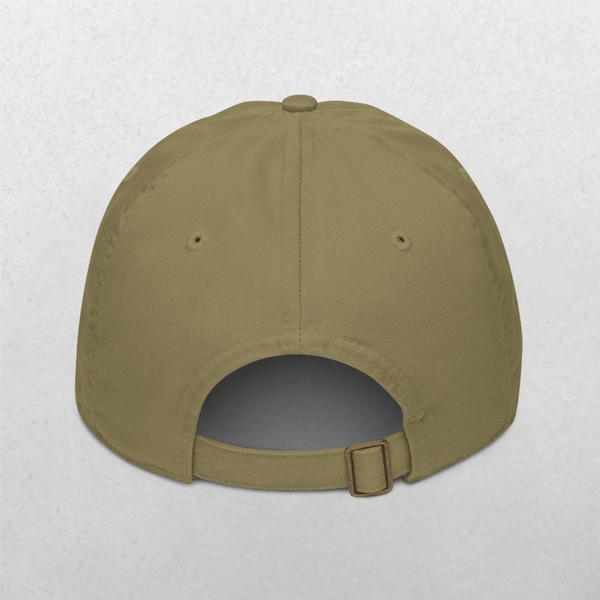 The Classic Organic Dad Cap - The Dog Father in olive green is shown from the back, featuring an adjustable strap with metal buckle and two side eyelets. Perfect as a dog dad gift or funny dog cap, set against a light textured background.