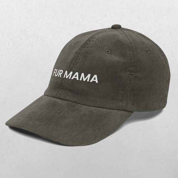 The Chord Vintage Cap - Furr Mama is a dark grey corduroy baseball cap featuring FURR MAMA embroidered in white on the front, shown against a light, textured background.