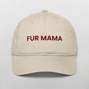 The Classic Organic Dad Cap - Furr Mama: a beige cap embroidered with bold, dark red FUR MAMA lettering—perfect as a fun gift for dog lovers or as a stylish, thoughtful dog dad cap.