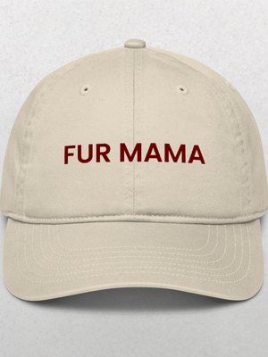 The Classic Organic Dad Cap - Furr Mama: a beige cap embroidered with bold, dark red FUR MAMA lettering—perfect as a fun gift for dog lovers or as a stylish, thoughtful dog dad cap.