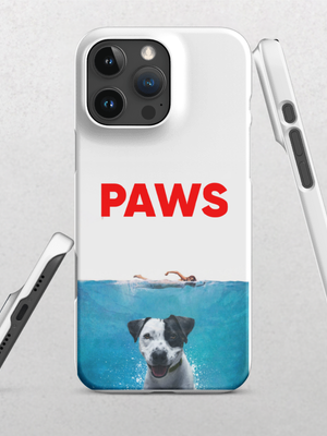 Showcase your love for your furry friend with the Custom Pet iPhone Case – Paws Movie, featuring PAWS in bold red above a swimming dog, inspired by the Jaws poster. Displayed from back and sides, this unique case makes a perfect pet keepsake.