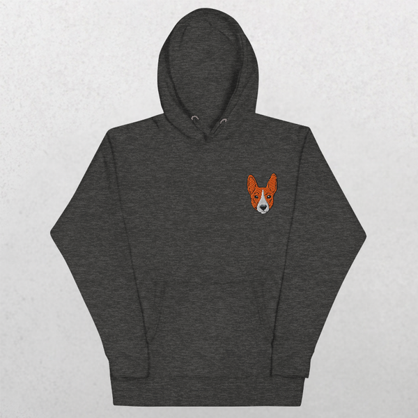 The Embroidered Custom Pet Hoodie in dark gray features a small orange and white corgi face on the left chest, shown on a light gray background—a cozy keepsake perfect for any dog lover.