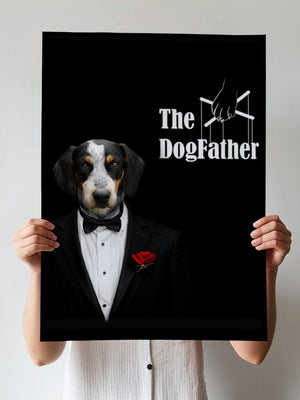 A person holds The Dogfather Pet Portrait, a personalized canvas showing a dog in a tuxedo with a red rose and The DogFather text with puppet strings—unique pet artwork and the perfect gift for any pet lover.