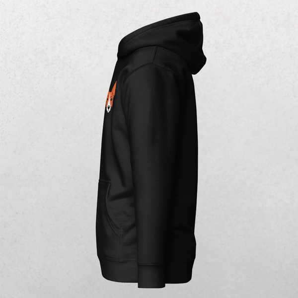 The Embroidered Custom Pet Hoodie in black is shown from the side against a light gray background, featuring a small orange and white fox graphic on the front left chest—an ideal gift for pet lovers.