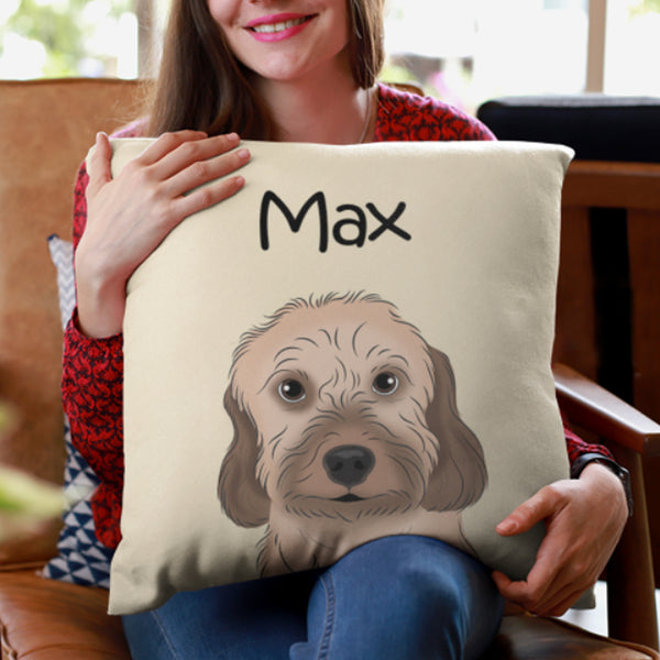 A woman smiles while holding a Custom Cartoon Pet Cushion—a beige pillow featuring an illustrated dog’s face and the name Max above it.