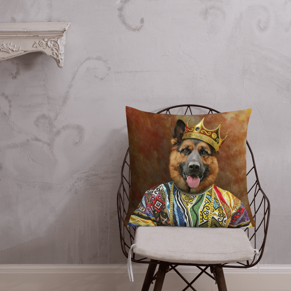 The Custom Notorious D.O.G Pet Cushion displays a German Shepherd in a colorful sweater and gold crown on a brown background. Placed on a chair with light walls and a white shelf, its the perfect custom accent for any pet lover’s room.