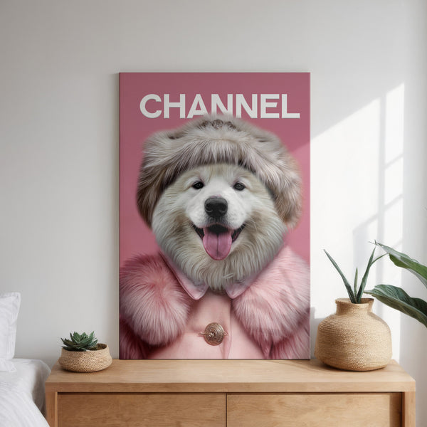The “Chanel Fashion Cover” is a custom pet portrait featuring a dog in a pink fur coat and hat, displayed above a wooden table with potted plants. CHANNEL is boldly written at the top—an ideal pet lover gift.