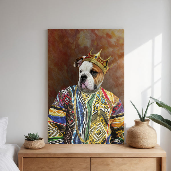 The Notorious D.O.G. custom pet portrait shows a bulldog in a gold crown and ornate robe above a dresser with plants, set in a bright, cozy room—making it the perfect gift for pet lovers.