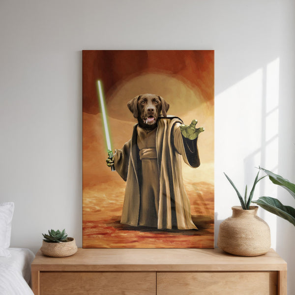 The Star Wars Jedi Master custom pet portrait features a dog dressed as a Jedi with a green lightsaber, displayed above a wooden dresser with plants—unique pet artwork and the perfect gift for any pet lover.
