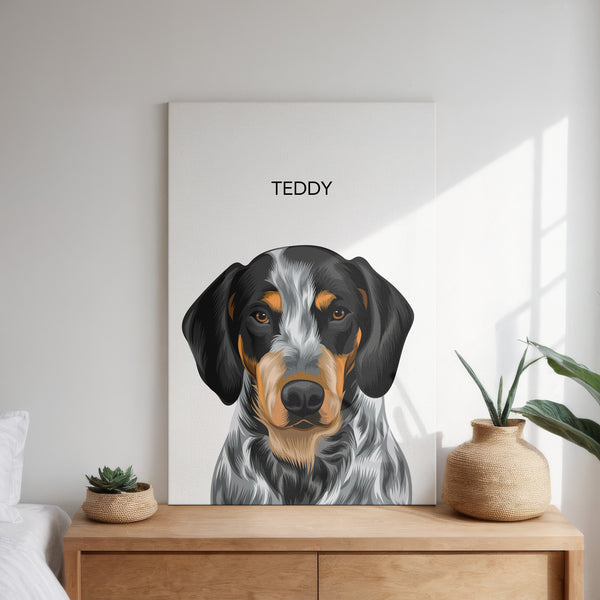 A Modern Vector Art canvas featuring a digital painting of a black, brown, and white dog labeled TEDDY sits on a wooden dresser, accented by potted plants and natural light—a stylish, minimalist gift for pet lovers.