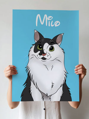 A person holds a blue Disney Pet Portrait poster showing a cartoon black and white cat with green eyes and Milo at the top. Their face is hidden by this charming custom artwork, ideal for any pet memorial wall art collection.